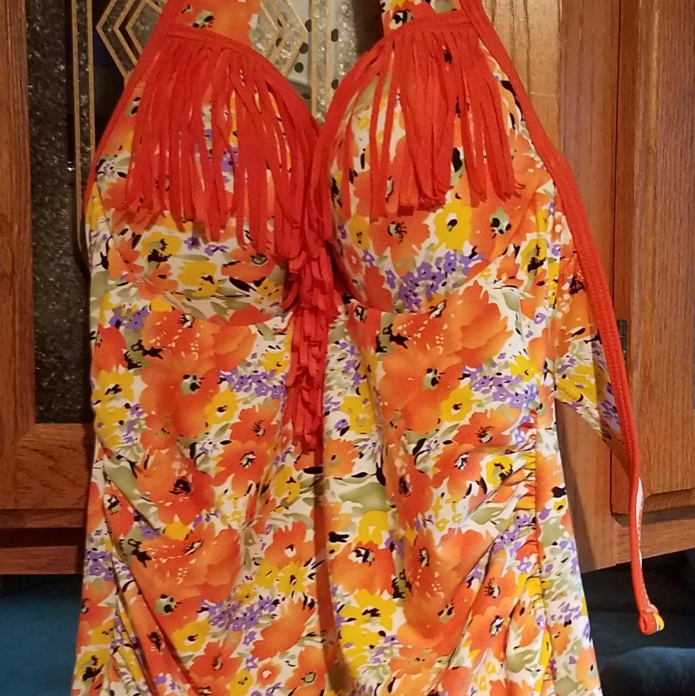 Orange flowery swimsuit sz 10-12 American sz